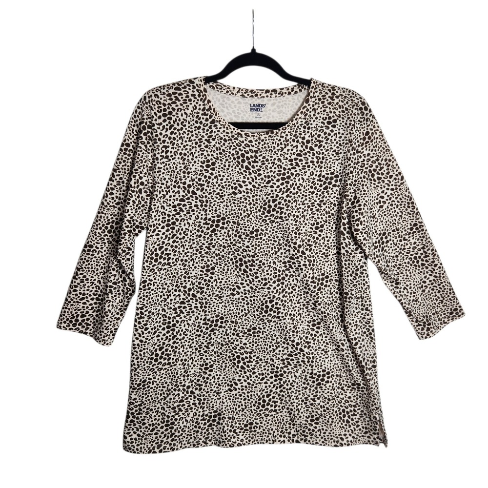 Lands End Women Brown Leopard Animal Print 3/4 Sleeve Cotton Crewneck Top M